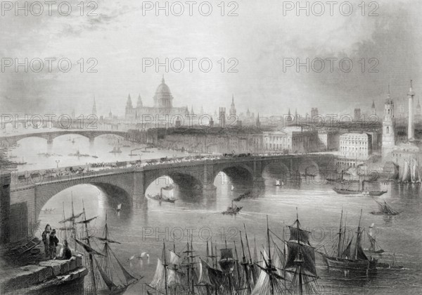 London, Southwark and Blackfriars bridges over the Thames, England in the 19th century. After a drawing by WH Bartlett. From the Cyclopaedia of Useful Arts and Manufactures by Charles Tomlinson, digital reproduction of a historical model