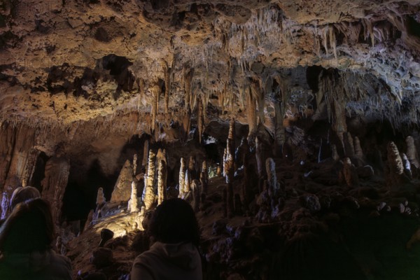 Tourists walking past limestone rock formations in a cave at Florida Caverns State Park in the Florida panhandle near Marianna