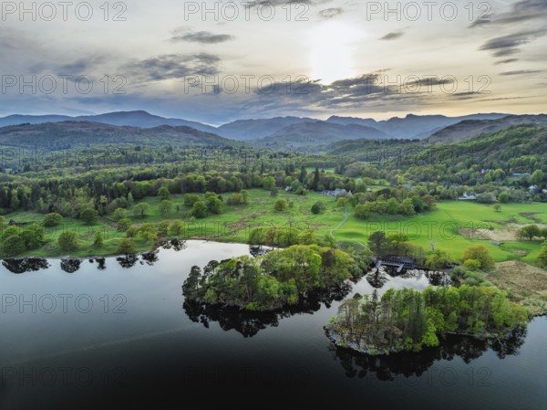 Sunset over Windermere Lake from a drone, Ambleside, Lake District, Cumbria, England, United Kingdom