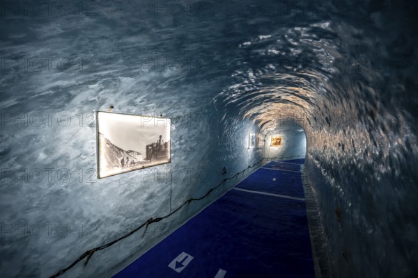 Artificial ice cave through the glacier ice, Mer de Glace, Montenvers, Chamonix, Haute-Savoie, France