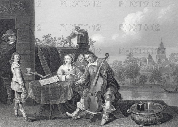 Teniers with his family with a cello, domestic music, David Teniers (baptised 15 December 1610, died 25 April 1690) was a Flemish painter, draughtsman and curator, Historical, digitally restored reproduction of a 19th century original, Musician and lady at a table with sheet music and cello in a baroque landscape scene