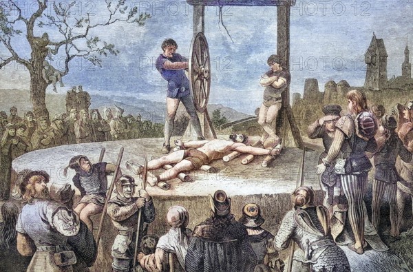 Torture, Execution of the death penalty by means of the wheel, Germany, coloured wood engraving, reproduction of an original from ca 1888, Historical, Historical depiction of a medieval torture scene with a crowd of people