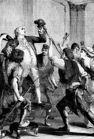 The people forced Louis XVI to wear the red cap in 1792. This made the revolutionary fervour and plebeian solidarity of the Parisian Sansculottes immediately recognisable, France, digital reproduction of a historical model