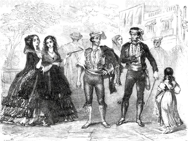 Traditional costumes from Catalonia in 1870, Spain, digitally enhanced reproduction of a 19th century original, historical, exact date unknown