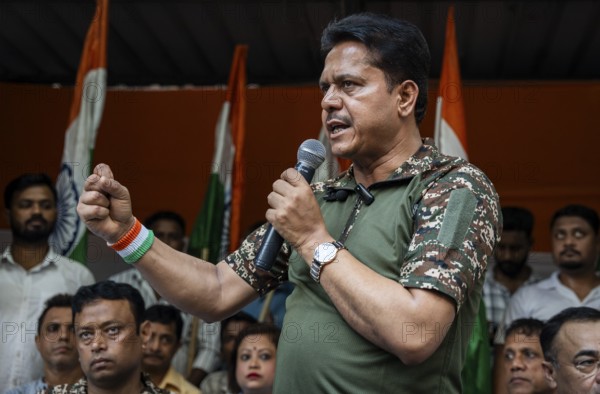 Bhupen Kumar Borah, president of Assam Congress committee speaks during celebrate after Indian armed forces carried out Operation Sindoor, missile strikes hitting terrorists hideouts in Pakistan and PoK, in Guwahati, May 9, 2025