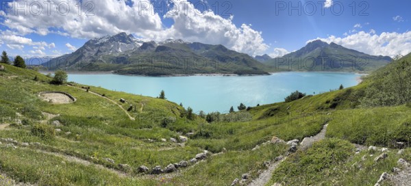 Panoramic view of Jardin Alpin in the foreground, Lac du Mont Cenis reservoir behind, Mont Cenis massif, Massif du Mont-Cenis, Graian Alps, Lanslebourg, Rhone-Alpes, France