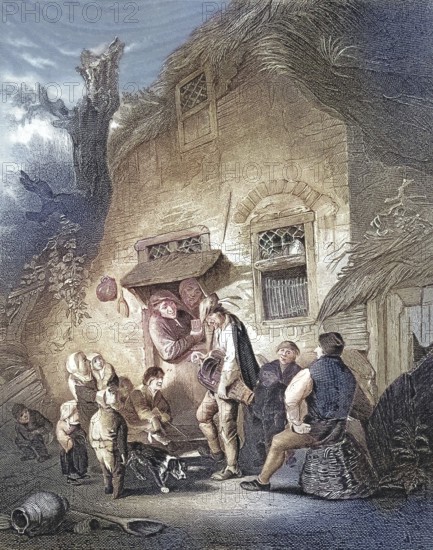 The organ grinder, barrel organ, scene at a farmhouse with several people in conversation and a dog in rural surroundings, travelling musician, after a painting by Ostade, digitally restored reproduction of an old original, historical, exact date unknown