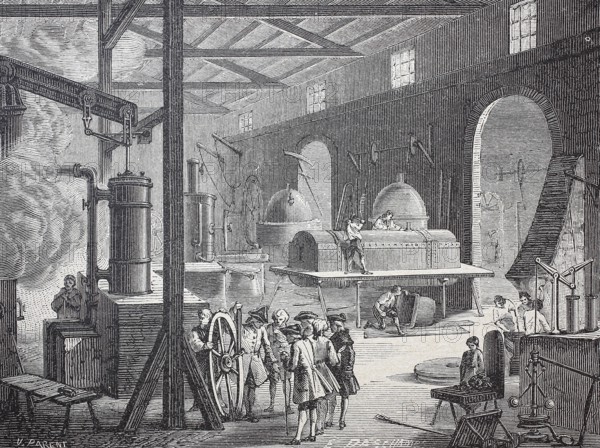 Machine shop in a factory in Soho, London, 18th century, digitally enhanced reproduction of a 19th century model, historical
