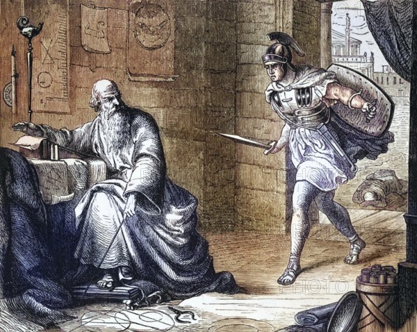 The death of Archimedes, Greek mathematician, physicist, engineer, inventor and astronomer in 212 BC, Syracuse, Sicily, Italy, digital reproduction of a historical model