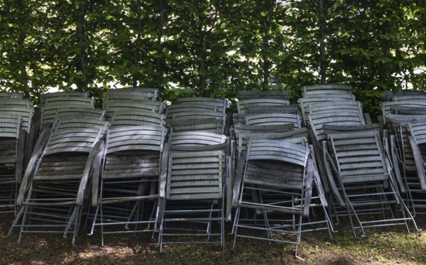 Stacked chairs in the spa gardens, spa town, Bad Hall, Traunviertel, Upper Austria, Austria