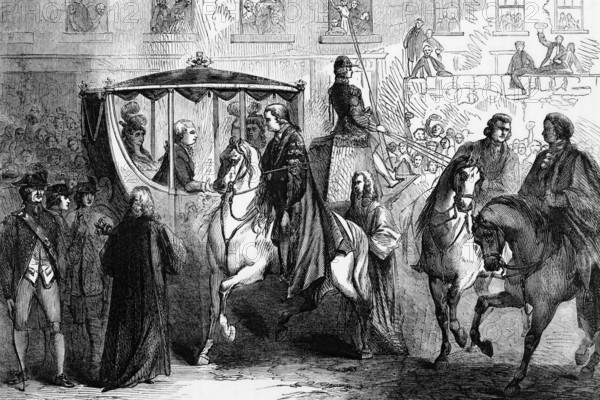On the way to a Thanksgiving service in St Paul's Cathedral in 1789, King George III receives the Civic Sword from the Lord Mayor of London, England, digital reproduction of a historical model