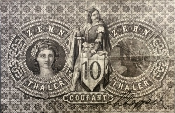 Banknote, emergency money, ten Thaler, Taler, reverse, Mitteldeutsche Creditbank, 1856, Germany, reproduction of a historical banknote