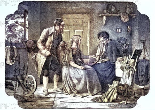 Hair buyer in Thuringia, woman with long hair sells her hair and the buyer stands ready with scissors, Germany, coloured woodcut from 1864, family in conversation in a cosy, traditional workshop. Books and hand tools surround the room