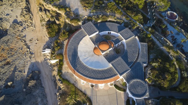 Drone shot, morning light, building from above with modern architectural elements and circular design, Kalithea, Kallithea, thermal baths, spa, Rhodes, Dodecanese, Greek Islands, Greece