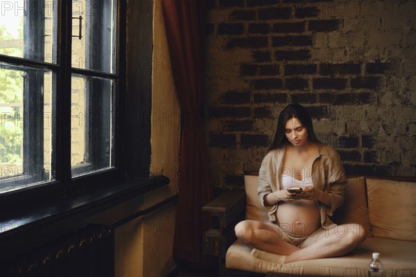 A woman in her third trimester sits comfortably on a sofa at home. She is wearing casual clothing and is focused on her smartphone, enjoying a peaceful moment by the window