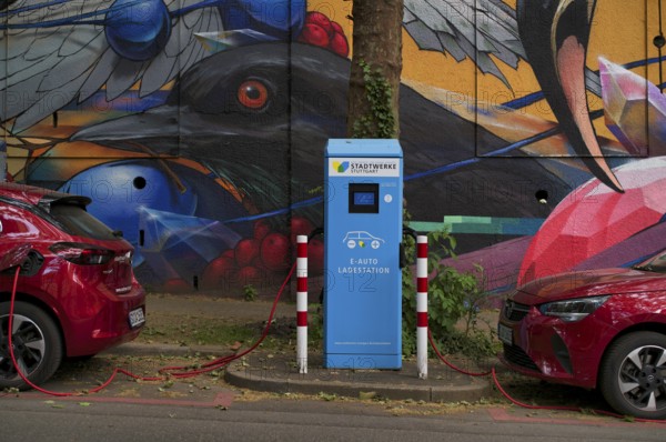 Charging station Stadtwerke Stuttgart for electric cars, charging station, e-filling station, e-mobility, charging cable leads into e-car, Stadtmobil Car Rental, car sharing, station, logo, behind it graffiti, Vogel, Stuttgart, Baden-Württemberg, Germany