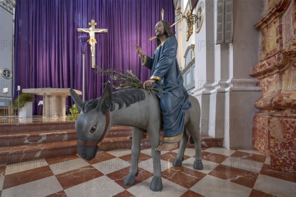 New copy of the Palmesel, formerly 16th century, in St Nicholas Church, Tannheim, district of Reutte in Tyrol, Austria