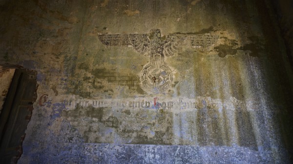Lost Place, Former Nazi symbol on weathered wall in an abandoned building, Radio Station, WW2, Agios Nikolaos Radio, Agia Marina, Leros, Dodecanese, Greek Islands, Greece