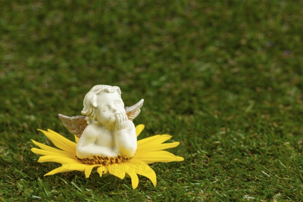 Angel figure lying on a yellow flower on a green lawn