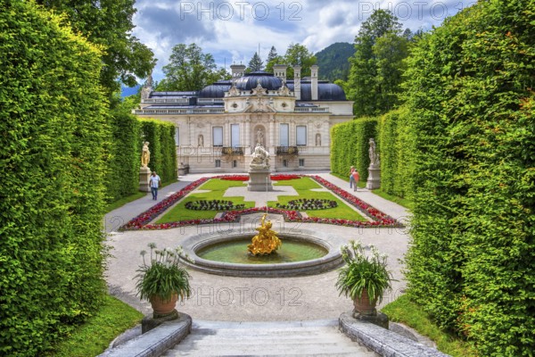Baroque garden parterre with the east side of Linderhof Castle, Ettal, Ammertal, Upper Bavaria, Bavaria, Germany, UNESCO World Heritage Site