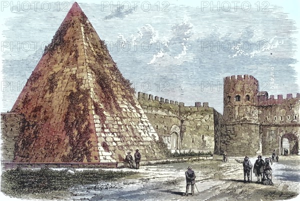 Cestius Pyramid, Pyramid of Gaius Cestius, Piramide Cestia or Piramide di Caio Cestio, erected as the tomb of the Roman praetor and tribune of the people Gaius Cestius Epulo (in front of 12 BC), Rome, Italy