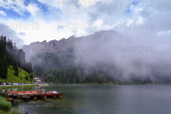 Lake Misurina, Lago di Misurina in the fog, Auronzo di Cadore, Dolomites, Veneto, Italy