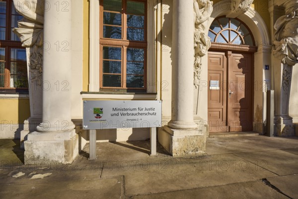 Ministry of Justice and Consumer Protection, Ministry of Justice, information sign, historic building, baroque architectural style, window, entrance, door, cathedral square, Magdeburg, state capital, independent city, Saxony-Anhalt, Germany