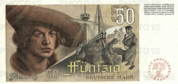 Banknote, banknote, 50 Deutsche Mark, reverse, series 2, Germany, reproduction of a historical banknote
