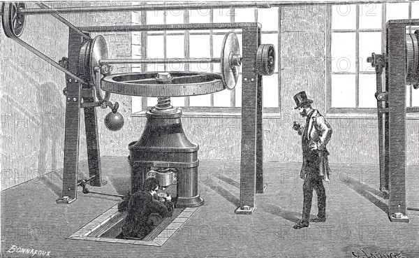 Worker at a mint, coin minting block, moved by steam, 1870, England, digitally enhanced reproduction of a 19th century model, historical