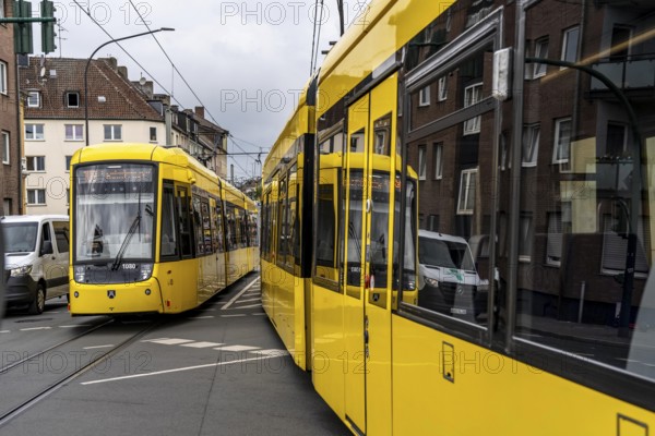 Ruhrbahn tram, on Altendorfer Straße, intersection Helenenstraße, in Essen, rush hour, traffic, Essen, North Rhine-Westphalia, Germany