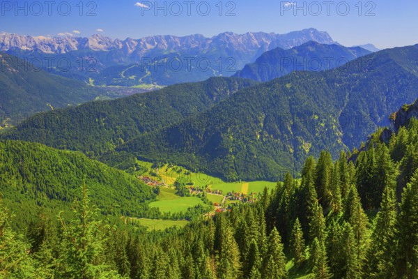 View from the Laber to Ettal and the Wetterstein mountains with the Zugspitze 2962m, Oberammergau, Ammertal, Ammergebirge, Upper Bavaria, Bavaria, Germany