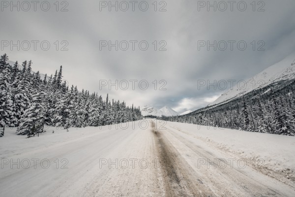 Winter road trip on the Icefields Parkway with lots of snow and ice, Banff National Park, Jasper National Park, Alberta, Canada