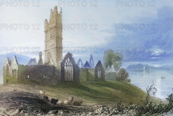 Moyne Abbey, Killala, County Mayo, Ireland, from the Landscape and Antiquities of Ireland, 1841, digital reproduction of a historical model