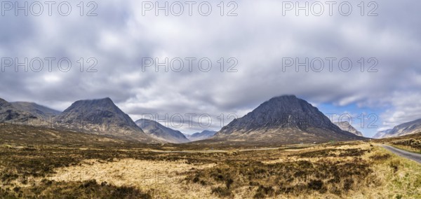 Panorama of Mountains and Moors over Glen Etive Valley, Glencoe, Highlands, Scotland and Buachaille Etive Mòr, The Buachaille, Glen Etive, Highlands, Scotland, UK