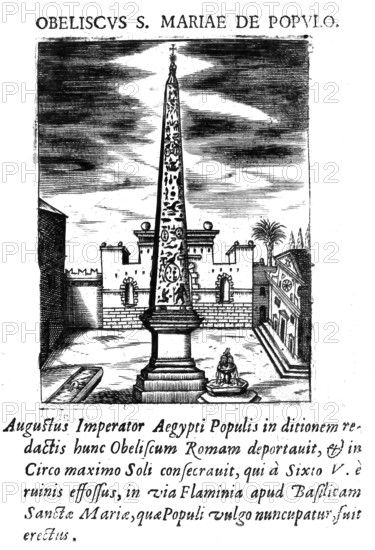 Obeliscus S. Mariae del Popolo, Flaminian Obelisk, Obelisco Flaminio, an Egyptian obelisk located in Rome in the centre of Piazza del Popolo, Italy, Historical, digitally enhanced reproduction from Grandezze della citta di Roma antiche et moderne by Jacomo Crulli de Marcucci, from 1630, Rome