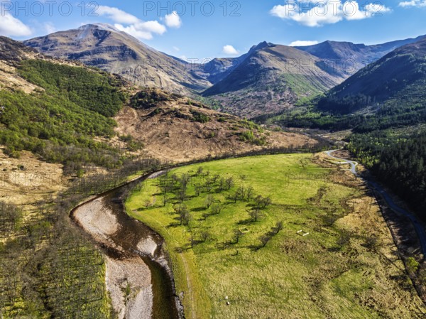 Glen Nevis Valley and River Navis from a drone, Fort William, Lochaber, Highland, Scotland, United Kingdom