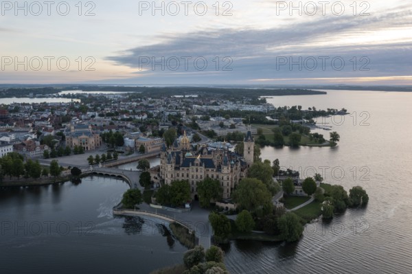 Schwerin Castle in the morning, Unesco World Heritage Site, drone shot, Schwerin, Mecklenburg-Western Pomerania, Germany