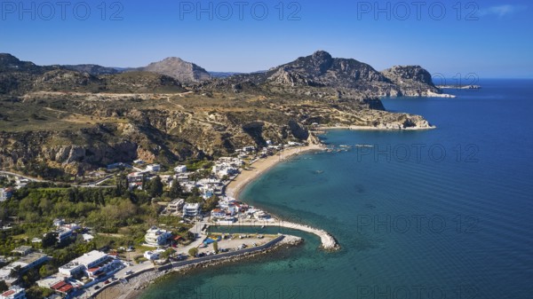 Aerial view of a coastline with beaches and mountains in the background, Stegna Beach, Stegna viewpoint, Stegna, east coast, Rhodes, Dodecanese, Greek Islands, Greece