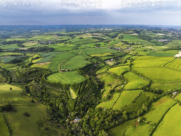 Farms and Fields over River Dart from a drone, Stoke Gabriel, Totnes, Devon, England, United Kingdom