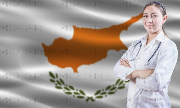 Female doctor on Chipre flag. Doctor with crossed arms on Chipre flag. Chipre health and care concept