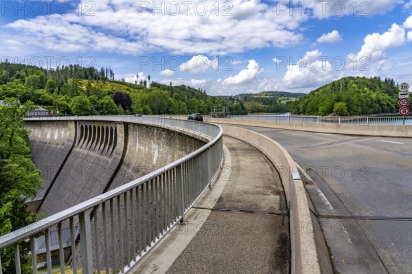 The Aggertalsperre dam in Oberbergisches Land, near Bergneustadt, operated by the Aggerverband, 45 metre high dam wall, the reservoir is used for water supply and electricity production, North Rhine-Westphalia, Germany