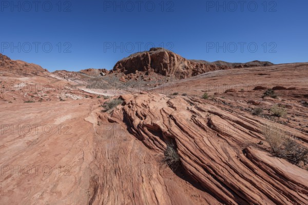 Layered rock formations along the Fire Wave Trail at Valley of Fire State Park near Overton, Nevada