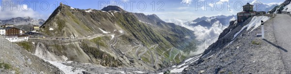 Panoramic view of Tibet House on the right centre north ramp Ascent from pass road to mountain pass Alpine pass with serpentines tight bends Stelvio Stelvio Pass, left Hotels Berghotels, Stelvio, South Tyrol, Alto Adige, Italy