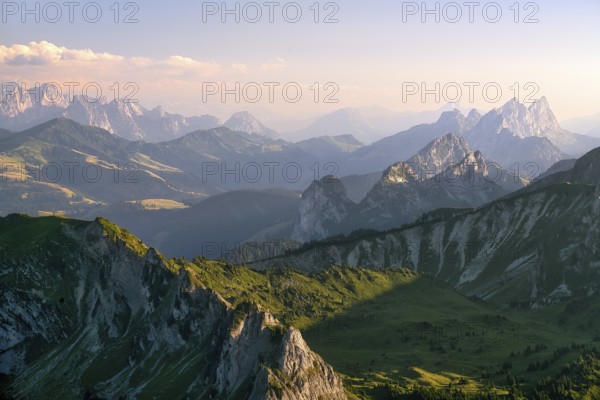 View from Mount Gantrisch, sunset over the Bernese and Fribourg Pre-Alps, Canton of Bern, Switzerland