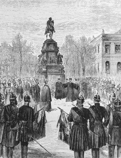 Consecration of the flag on 18 January 1861 in Berlin, blessing of the new flag in a festive service, priest, soldiers in uniform, pickelhaube, standard, crowd, equestrian monument, reorganisation of the army by the Prussian emperor, historical illustration 1884