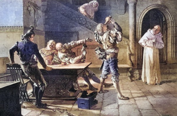 Unseemly guests in the monastery tavern, coloured wood engraving, reproduction from a model from ca 1888, historical, scenes from a medieval tavern where men are drinking and a monk is observing