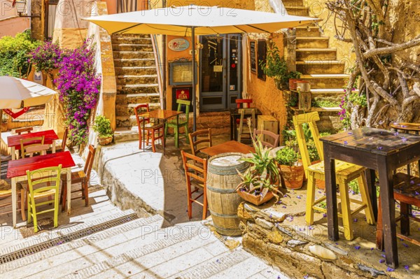 Street cafe in Via Cavour, Capoliveri, Elba Island, Tuscan Archipelago National Park, Tuscany, Italy