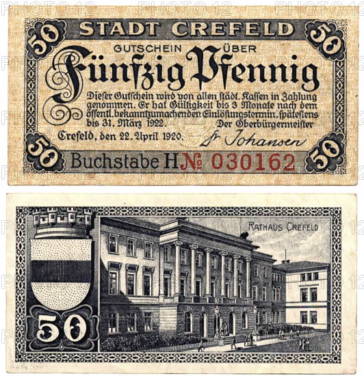 Banknote, banknote, emergency money, 50 Pfennig, city of Krefeld, 1920, Germany, reproduction of a historical banknote