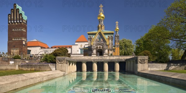Wedding Tower, Russian Chapel and Lily Basin, Mathildenhöhe, UNESCO World Heritage Site, Darmstadt, Hesse, Germany