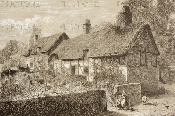 Stratford-upon-Avon, England. Anne Hathaway's Cottage, the family home of Shakespeare's woman. From the illustrated Shakspeare library, published in London in 1890, digital reproduction of a historical original